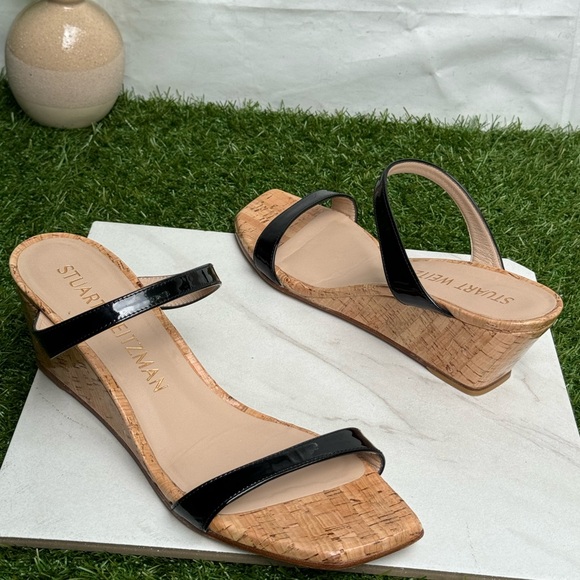 STUART WEITZMAN Aleena Square Toe Wedge Slide SANDAL SIZE 6 Black Patent - Picture 11 of 16